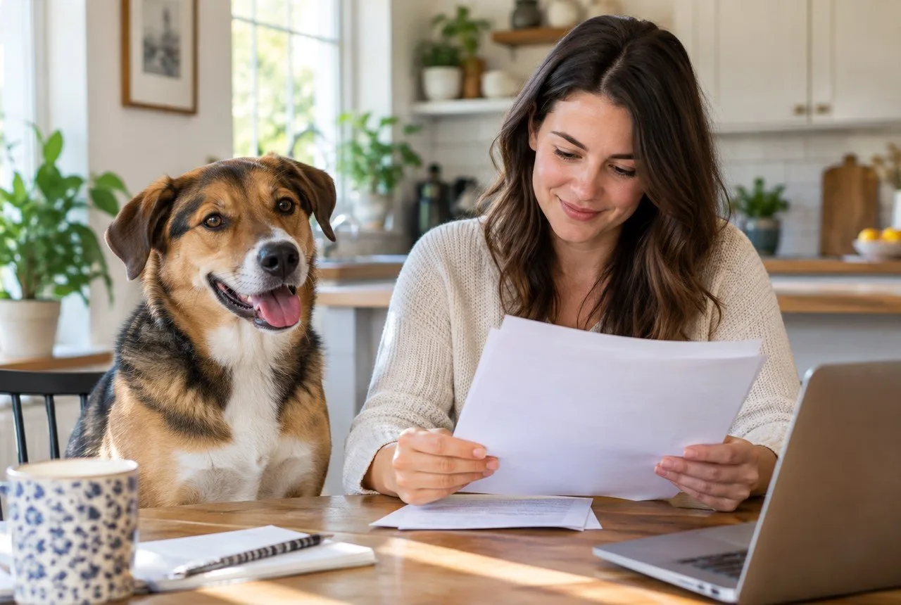 Woman reviewing papers at desk beside brown-and-white dog